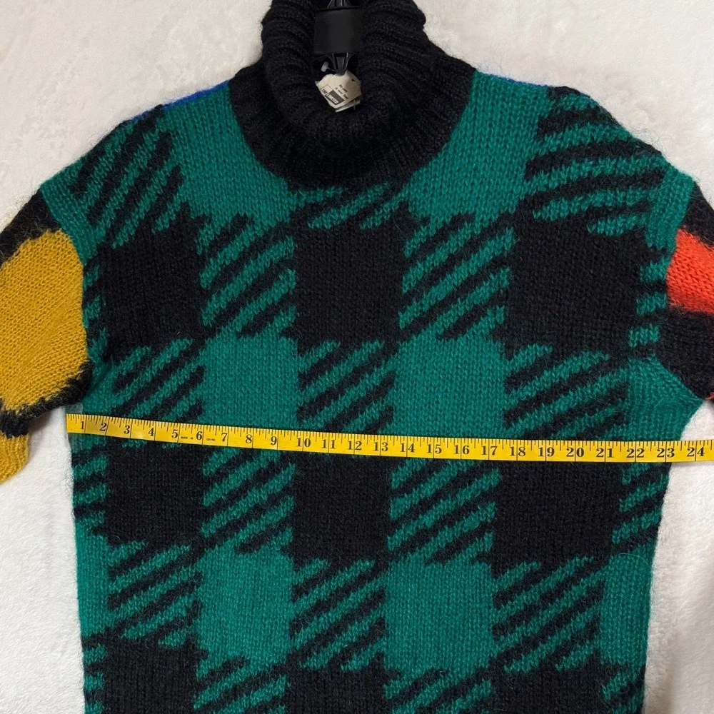 NWT Vintage Fuzzy Mohair Turtleneck Sweater M L Bold Colorblock‎ Plaid Graphic